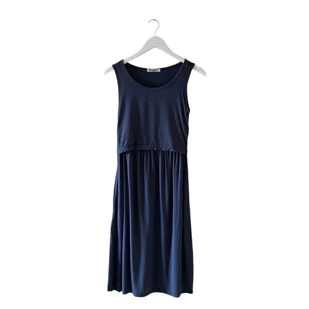 Bearsland Sleeveless Navy Blue Modal Midi Solid Womens Dress SZ S